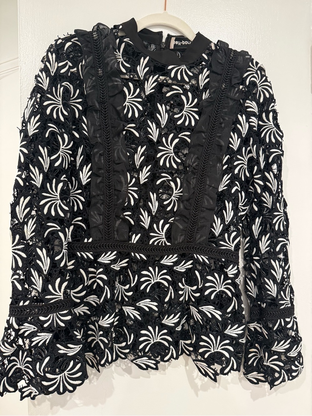 Self-Portrait Black & White Floral Lace Long-Sleeve Top